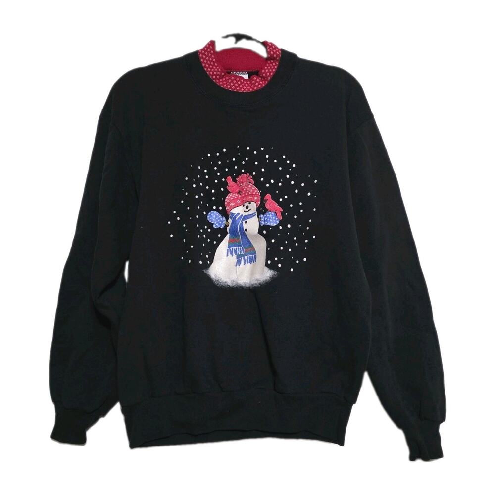 Vtg Snowman Double Collar Mock Sweatshirt Womens M Black Red Winter Xmas Cottage
